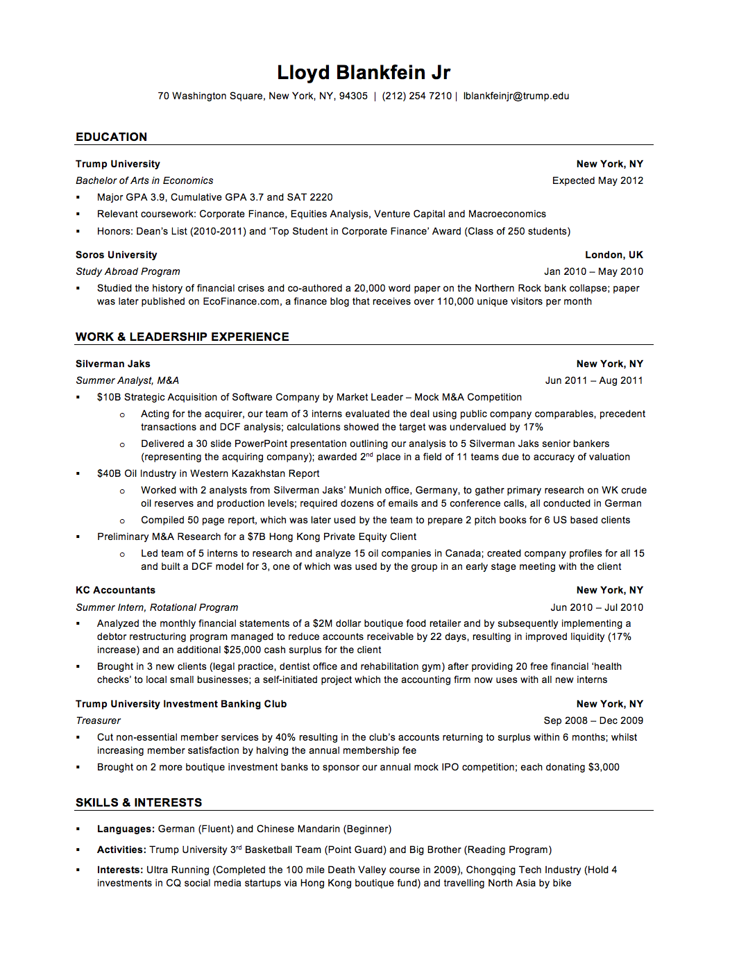 Investment Banking Resume Template Official WSO CV Example, 48 OFF